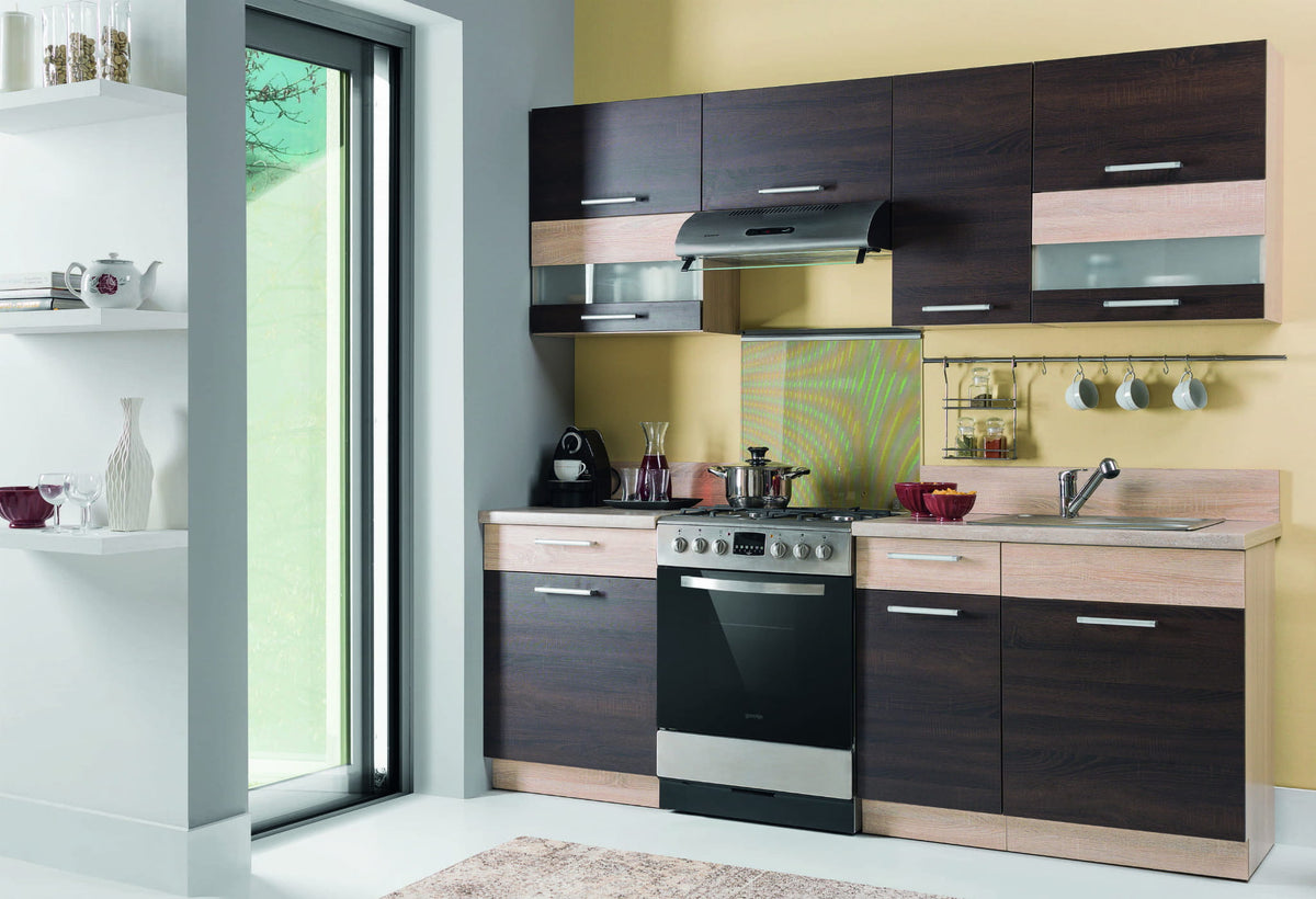 Virtuvės komplektas Modena 220 cm, tamsi Rijeka / šviesi Rijeka - virtuvės baldų komplektas