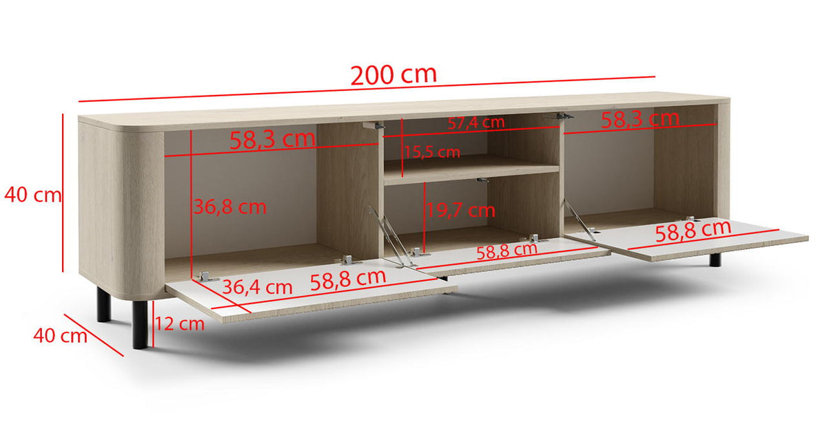 TV staliukas Norvik 200 su kojelėmis - Cremona ąžuolas, matmenų schema