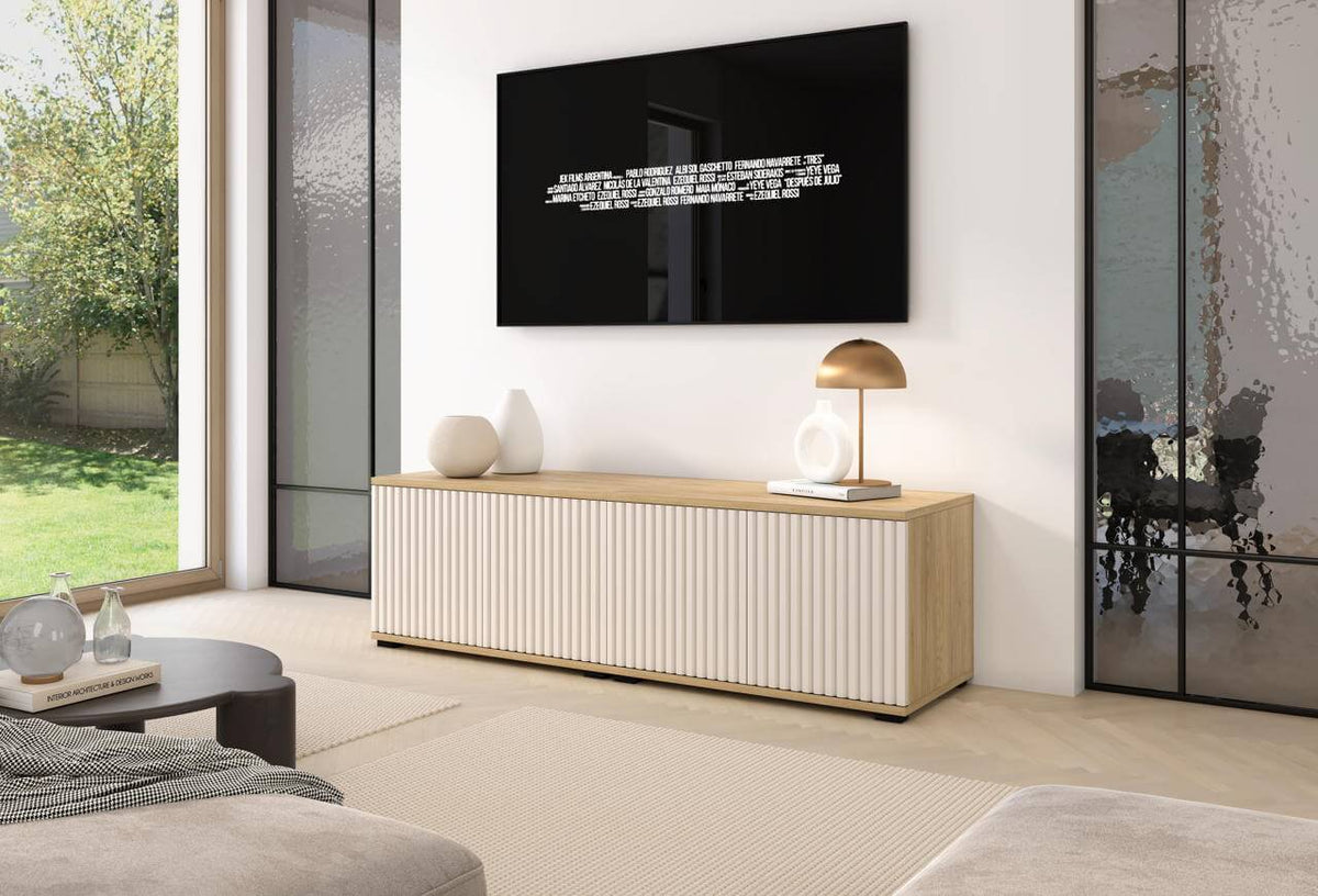 TV staliukas Bello 140 pastatomas - kašmyras / Cremona ąžuolas, interjere