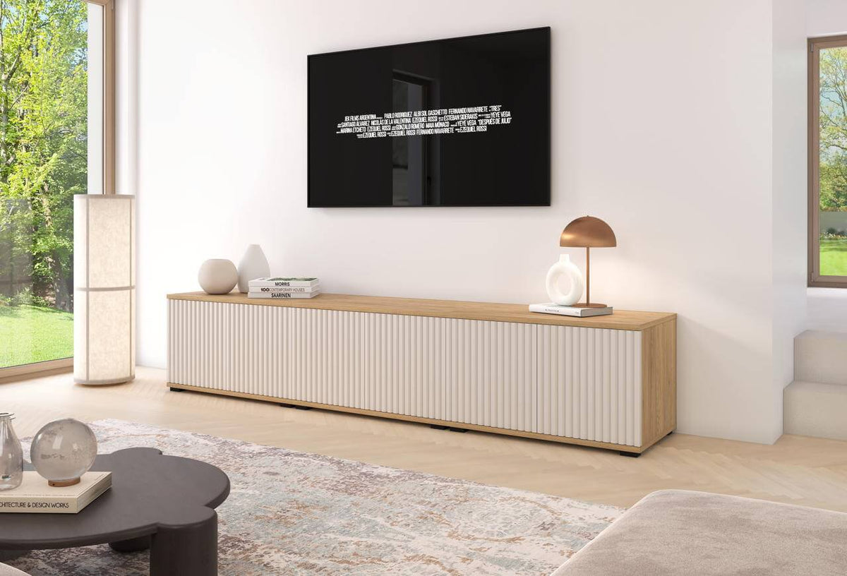 TV staliukas Bello 210 pastatomas - kašmyras / Cremona ąžuolas, interjere