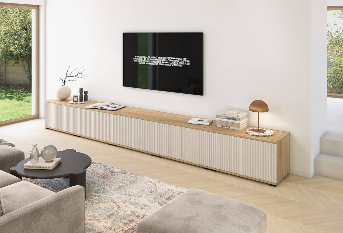 TV staliukas Bello 350 pastatomas - kašmyras / Cremona ąžuolas, interjere